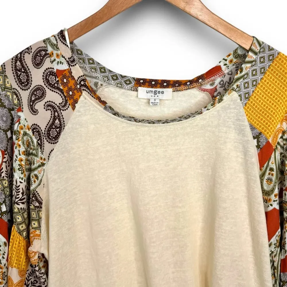 Umgee Mixed Print Balloon Sleeve Babydoll Blouse Top Boho Lightweight Size Small - Picture 2 of 9